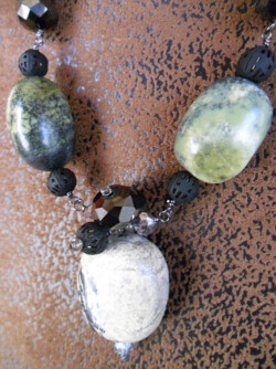 Serpentine, crystal and black steel necklace